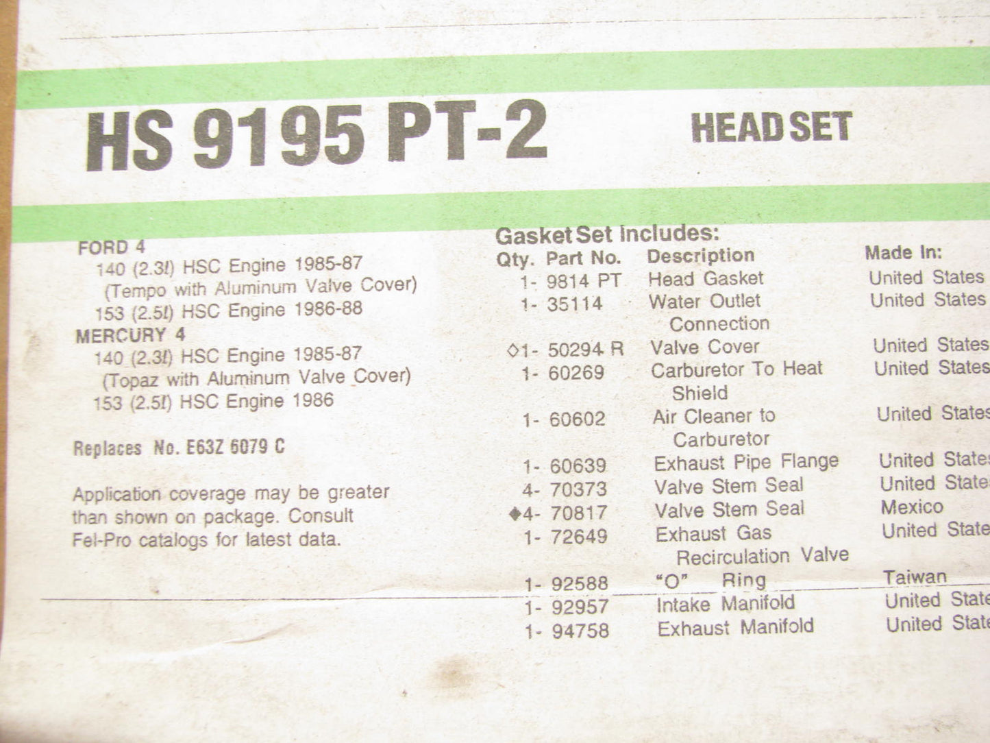 Fel-pro HS9195PT2 Cylinder Head Gasket Set For 1985-1988 Ford 2.3L 2.5L-L4