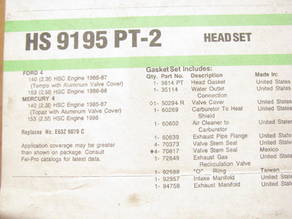 Fel-pro HS9195PT2 Cylinder Head Gasket Set For 1985-1988 Ford 2.3L 2.5L-L4