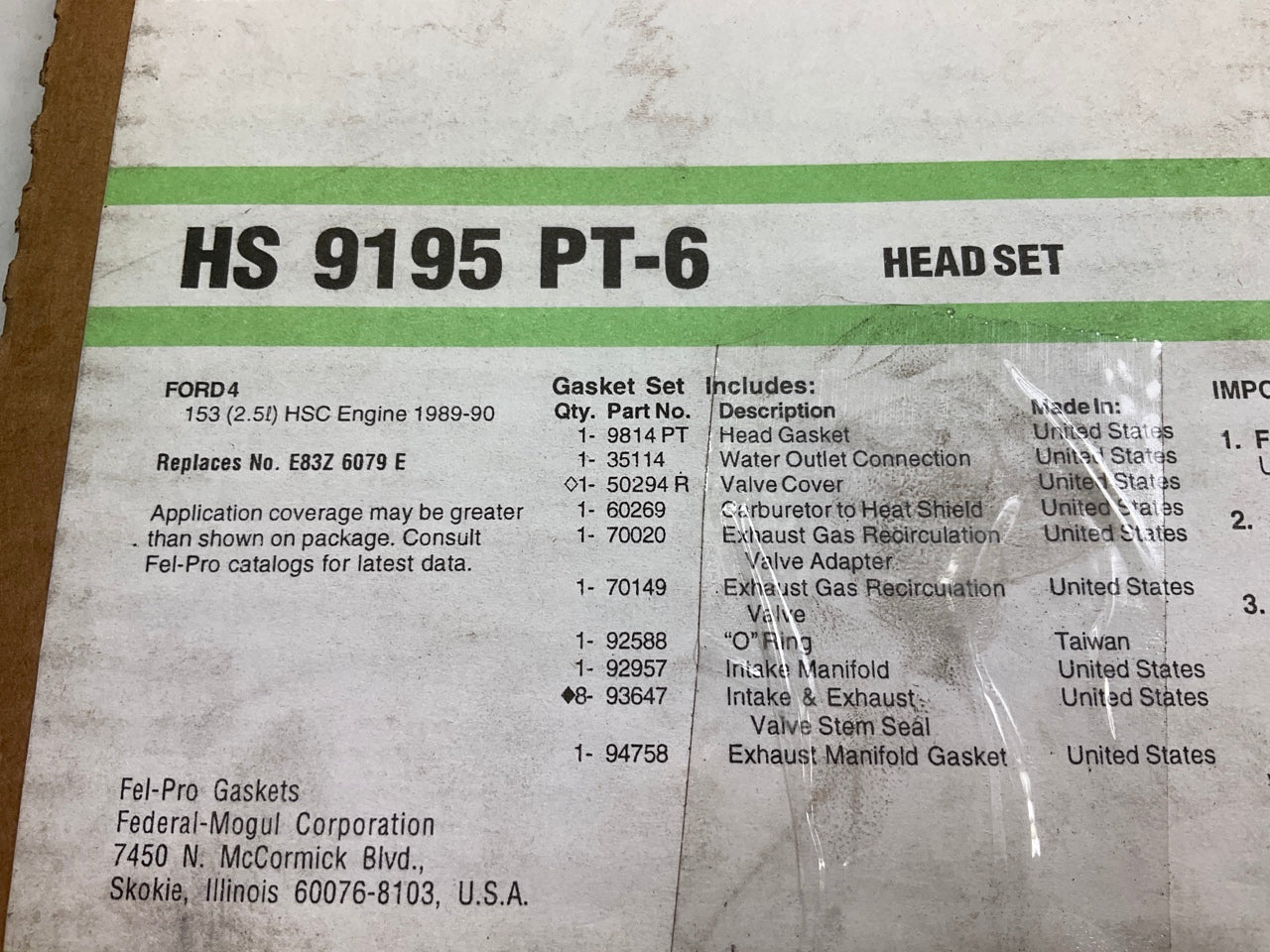 Fel-pro HS9195PT6 Cylinder Head Gasket Set For 1989-1990 Ford Taurus 2.5L