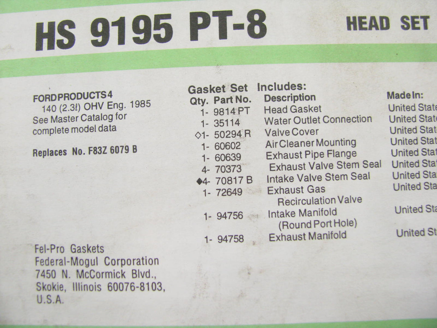 Fel-pro HS9195PT8 Cylinder Head Gasket Set for 1985-1987 Tempo Topaz 2.3L-L4