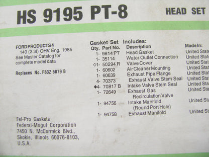 Fel-pro HS9195PT8 Cylinder Head Gasket Set for 1985-1987 Tempo Topaz 2.3L-L4