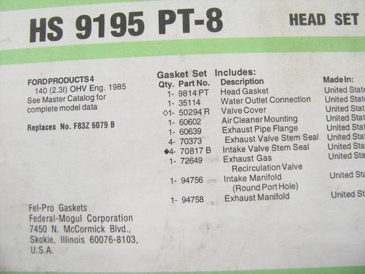 Fel-pro HS9195PT8 Cylinder Head Gasket Set for 1985-1987 Tempo Topaz 2.3L-L4