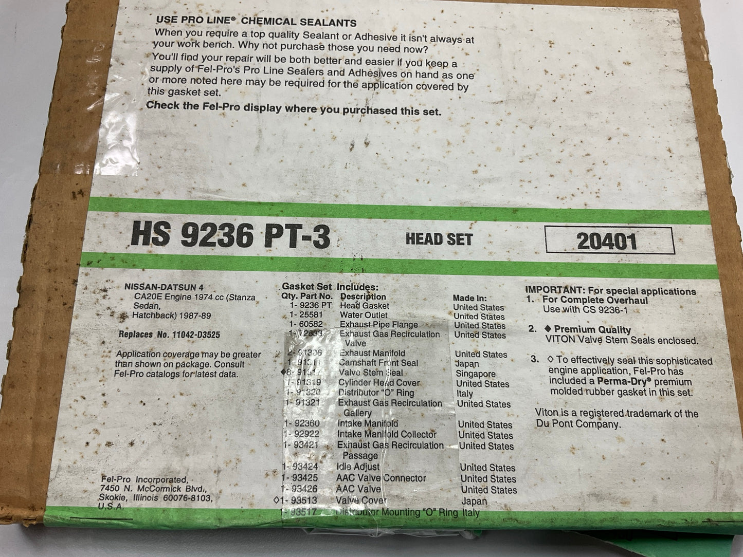 Fel-pro HS9236PT3 Cylinder Head Gasket Set For 1987-1989 Nissan Stanza 2.0L-L4