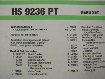 Fel-pro HS9236PT Cylinder Head Gasket Set For 1984-1988 Nissan 200SX 2.0L CA20E