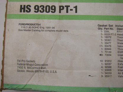 Fel-pro HS9309PT-1 Cylinder Head Gasket Set - 91-96 Ford Escort Tracer 1.9L L4