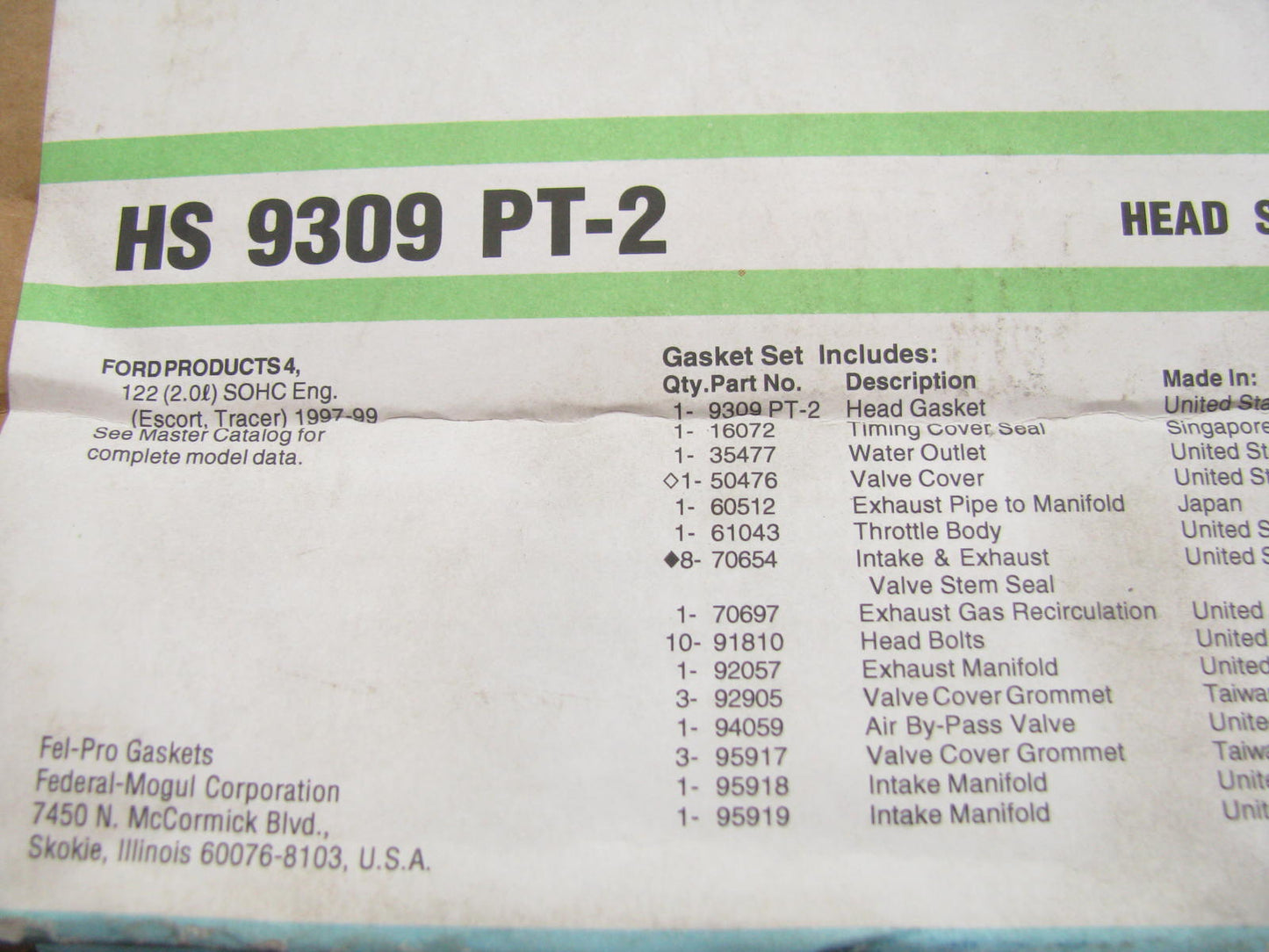 Fel-pro HS9309PT-2 Engine Cylinder Head Gasket Set  97-99 Ford Mercury 2.0L SOHC