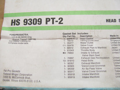 Fel-pro HS9309PT-2 Engine Cylinder Head Gasket Set  97-99 Ford Mercury 2.0L SOHC