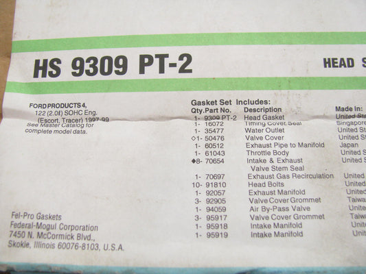 Fel-pro HS9309PT-2 Engine Cylinder Head Gasket Set  97-99 Ford Mercury 2.0L SOHC