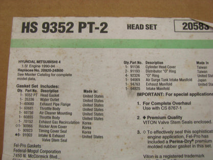 Fel-pro HS9352PT2 Cylinder Head Gasket Set For 90-94 Mitsubishi 1.5L-L4