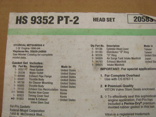 Fel-pro HS9352PT2 Cylinder Head Gasket Set For 90-94 Mitsubishi 1.5L-L4