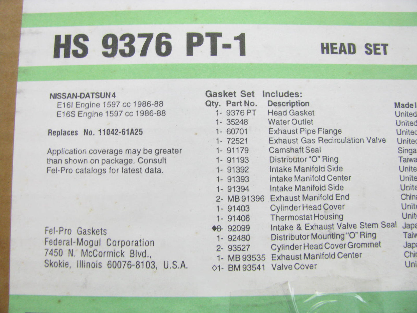 Fel-pro HS9376PT1 Cylinder Head Gasket Set For 1986-1988 Nissan Sentra 1.6L