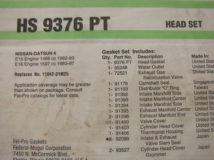 Fel-pro HS9376PT Cylinder Head Gasket Set For 1982-1986 Nissan 1.5L 1.6L-L4