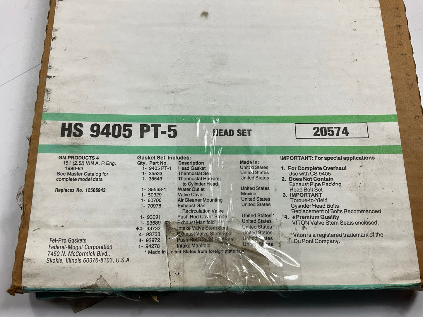 Fel-pro HS9405PT5 Engine Cylinder Head Gasket Set for 1990-1993 GM 2.5L