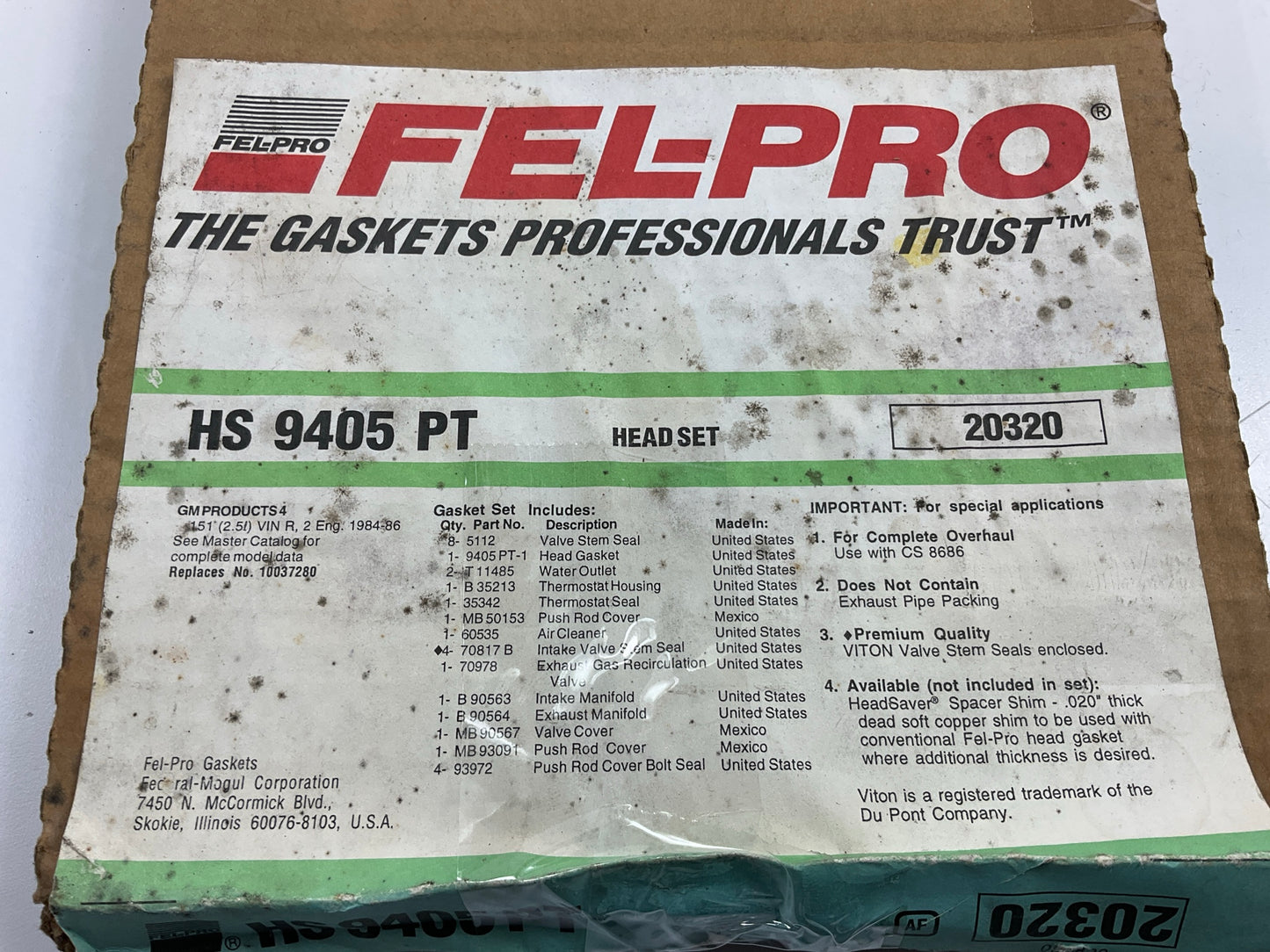 FEL-PRO HS9405PT Cylinder Head Gasket Set 1984-86 Chevy Olds Pontiac Buick 2.5L