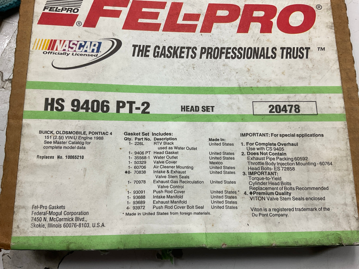 Fel-pro HS9406PT2 Engine Cylinder Head Gasket Set For 1988 GM 2.5L-L4