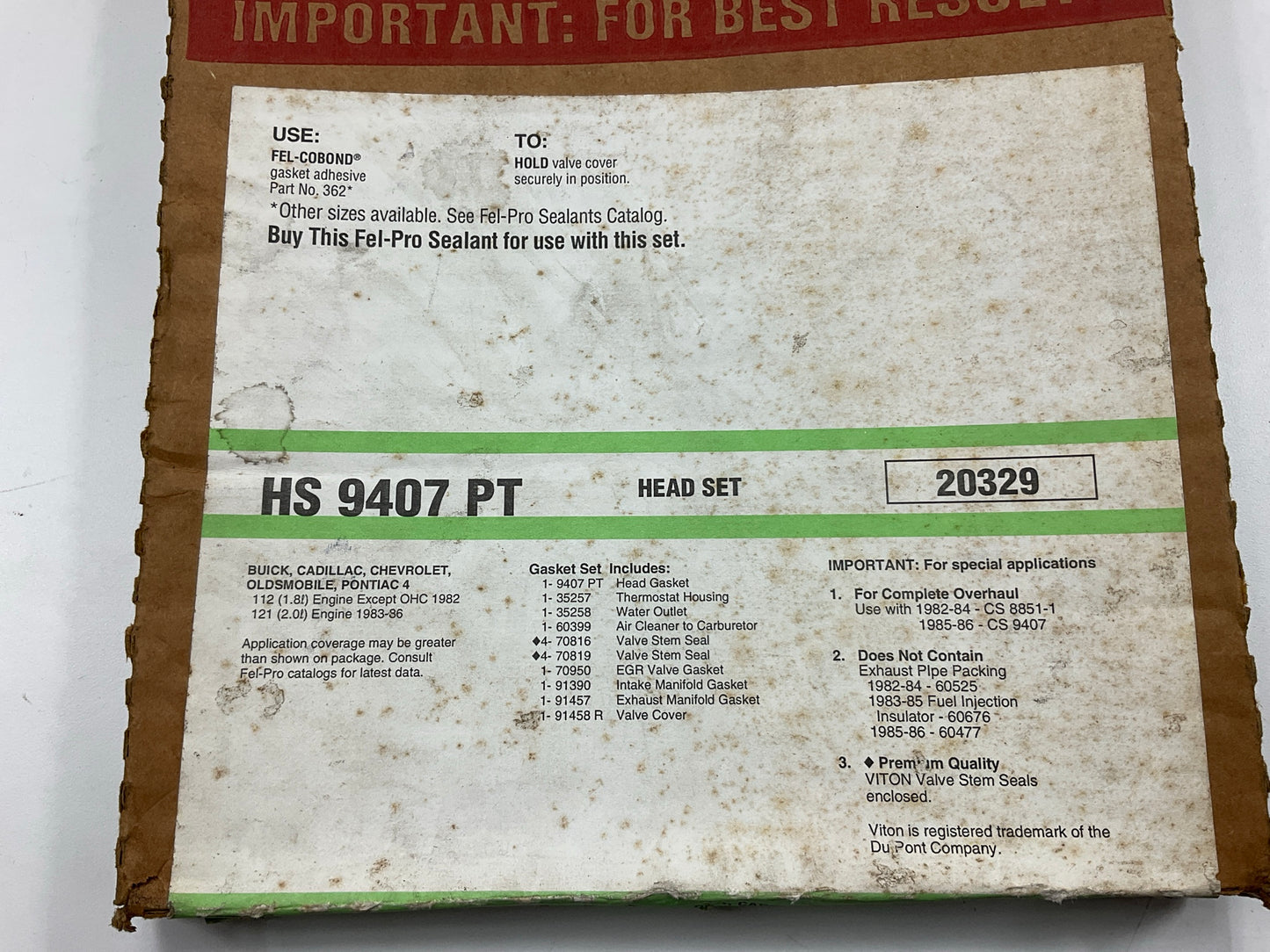 Fel-Pro HS9407PT Cylinder Head Gasket Set 82-86 Chevrolet Pontiac 112 122 I4