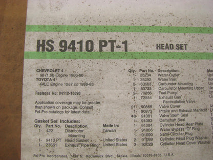 Fel-Pro HS9410PT1 Cylinder Head Gasket Set 86-88 Corolla, 86-88 Nova 1.6L SOHC