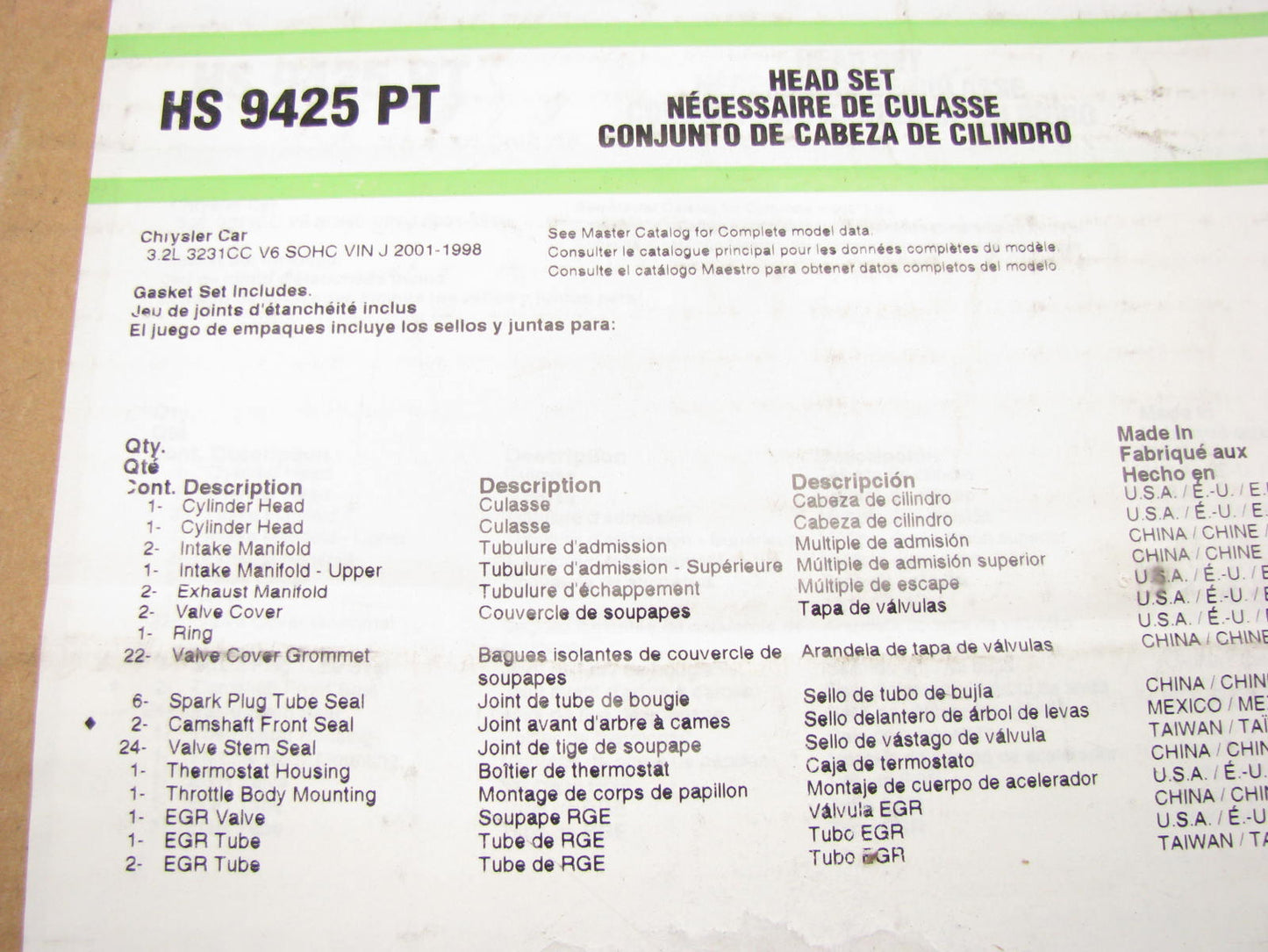 Fel-pro HS9425PT Engine Cylinder Head Gasket Set For 1998-2001 Chrysler 3.2L