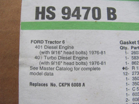 Fel-pro HS9470B Head Gasket Set For John Deere Tractor 8700, 9000, 9200 FORD 401