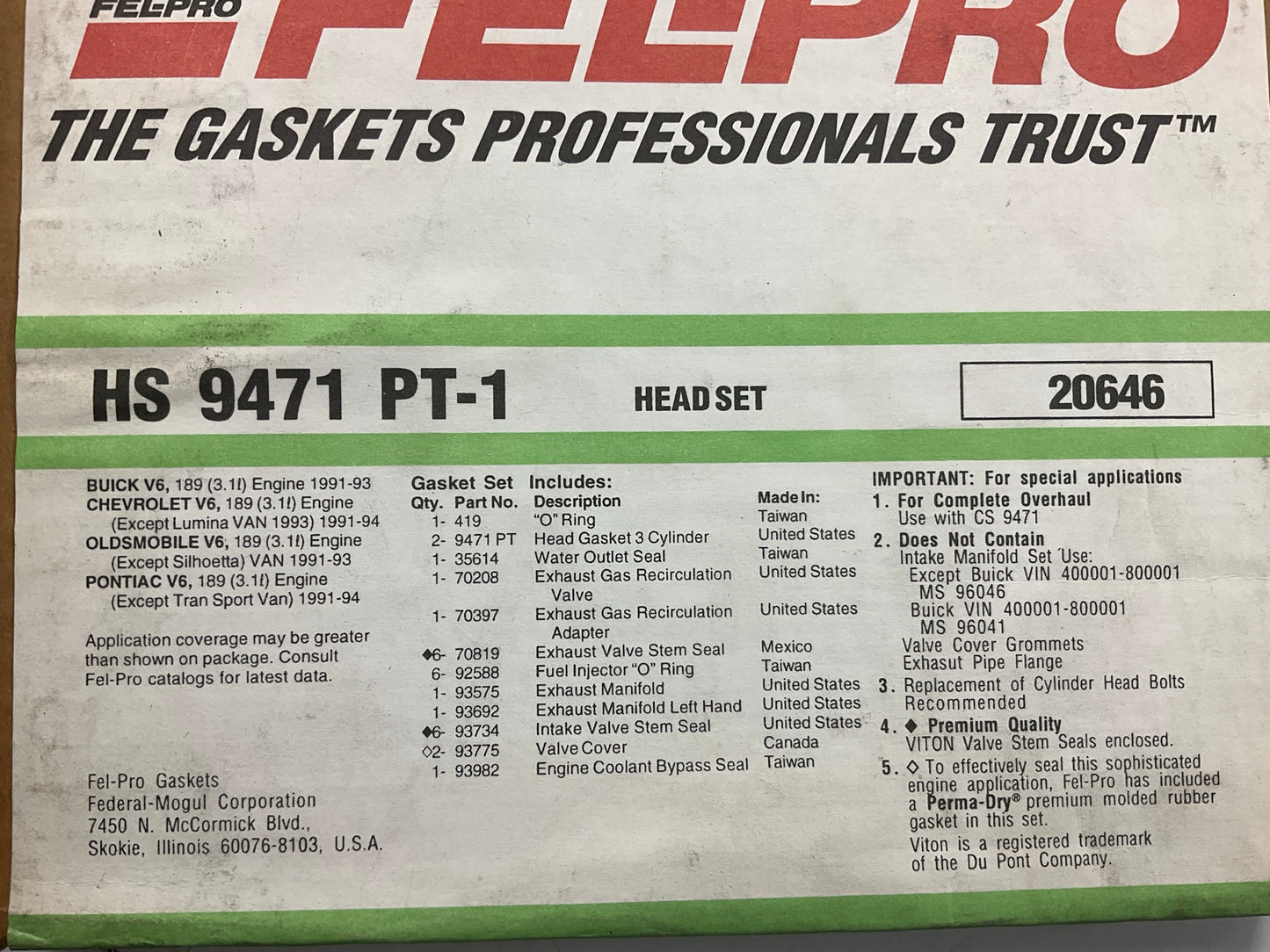 Fel-Pro HS9471PT1 Head Gasket Set - 1991-1994 Chevy Buick Olds Pontiac 3.1L V6