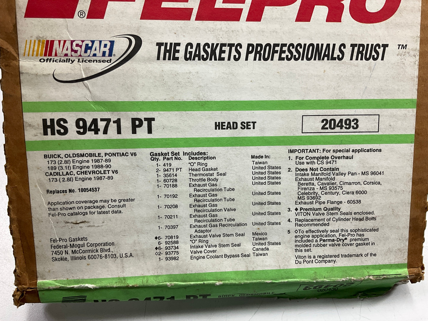 Fel-Pro HS9471PT Cylinder Head Gasket Set For 1987-1990 GM 2.8L 3.1L-V6