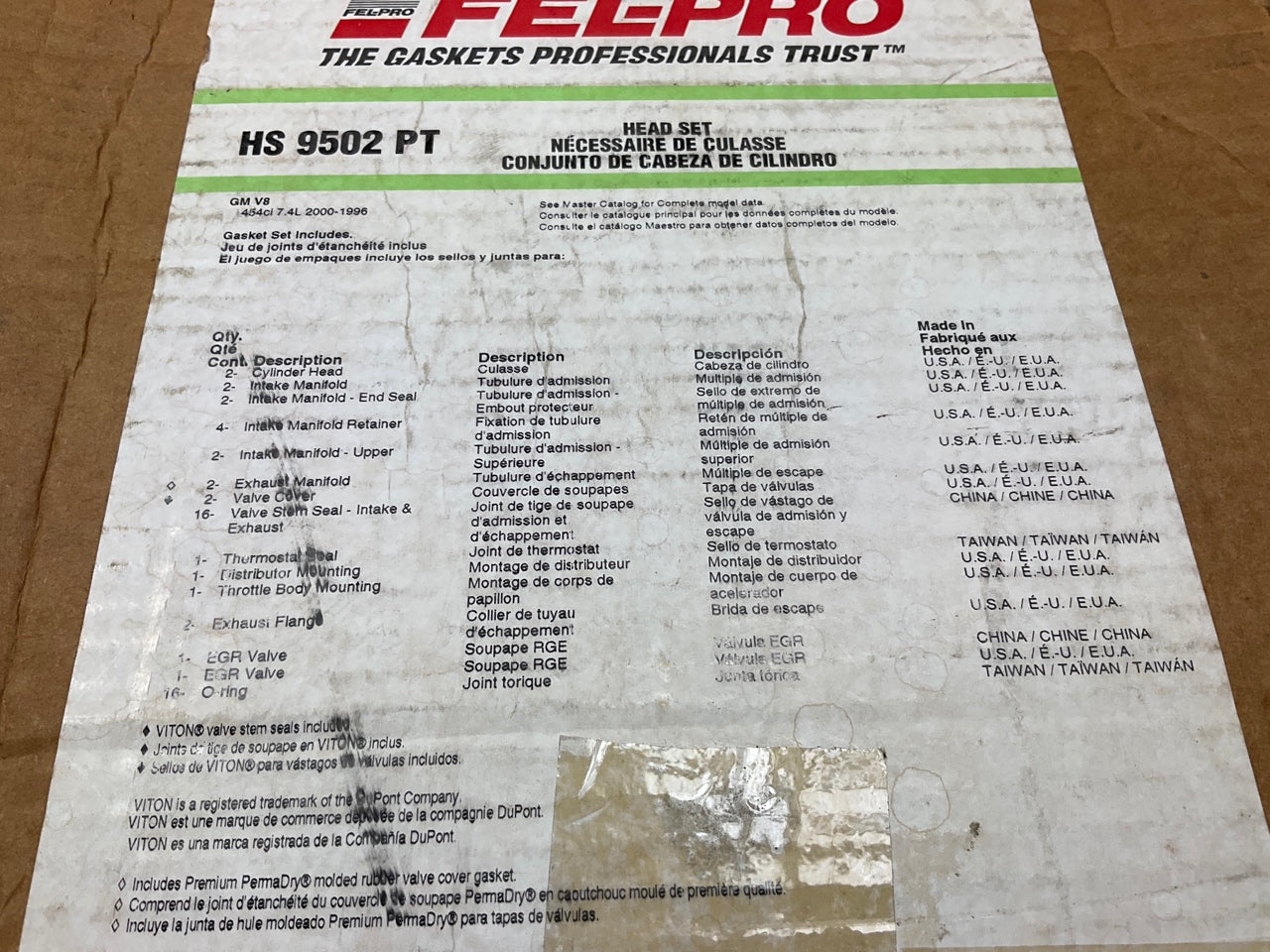 Fel-Pro HS9502PT Cylinder Head Gasket Set For 96-00 CHEVY GMC 454 7.4L V8