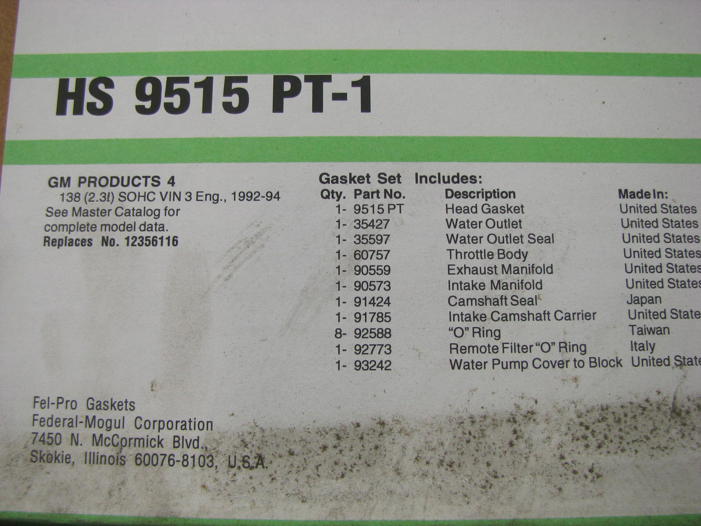 Fel-pro HS9515PT1 Cylinder Head Gasket Set 1992-94 Buick Olds Pontiac 2.3L N/A