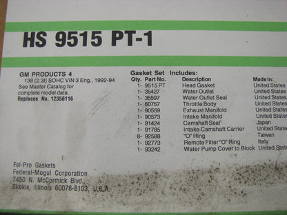 Fel-pro HS9515PT1 Cylinder Head Gasket Set 1992-94 Buick Olds Pontiac 2.3L N/A