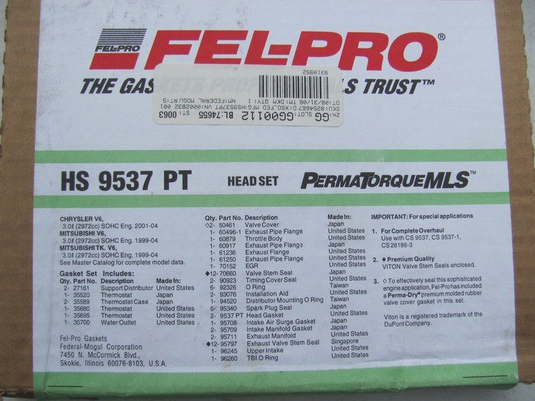 Fel-pro HS9537PT Cylinder Head Gasket Set For 99-05 Chrysler Mitsubishi 3.0L-V6