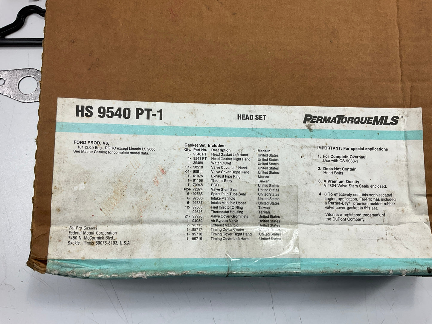 Fel-Pro HS9540PT1 Cylinder Head Gasket Set For 2000 Taurus & Sable 3.0L DURATEC