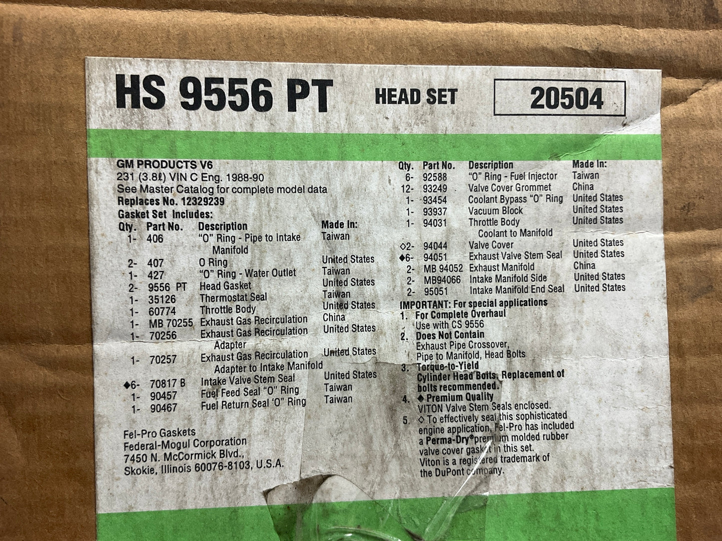 Fel-Pro HS9556PT Engine Cylinder Head Gasket Set For 1988-1990 GM 3.8L-V6