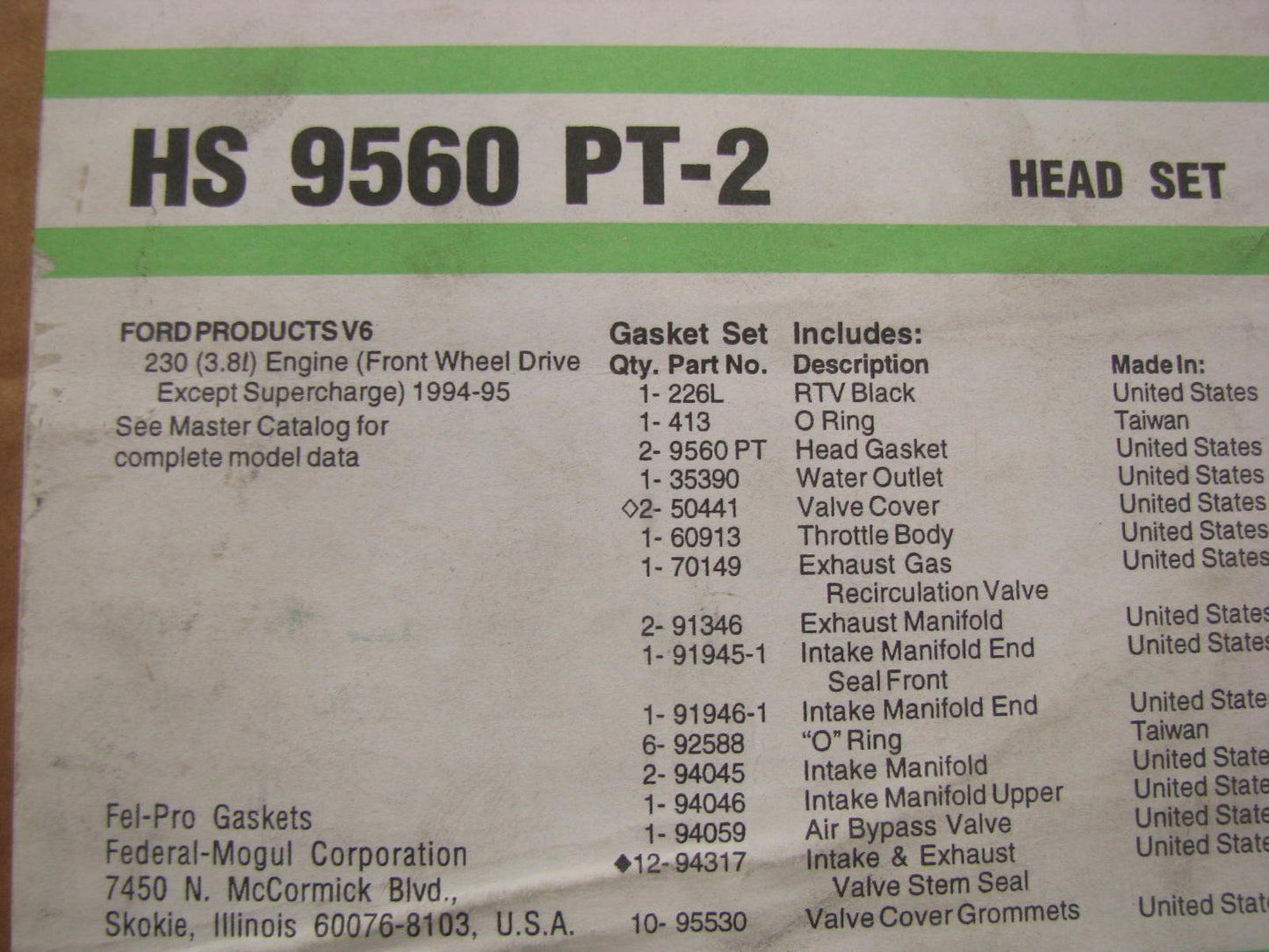 Fel-pro HS9560PT2 Engine Cylinder Head Gasket Set 1994-95 Ford 3.8L V6