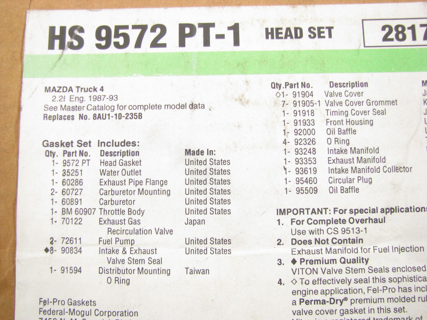 Fel-pro HS9572PT-1 Cylinder Head Gasket Set For 1987-1993 Mazda B2200 2.2L
