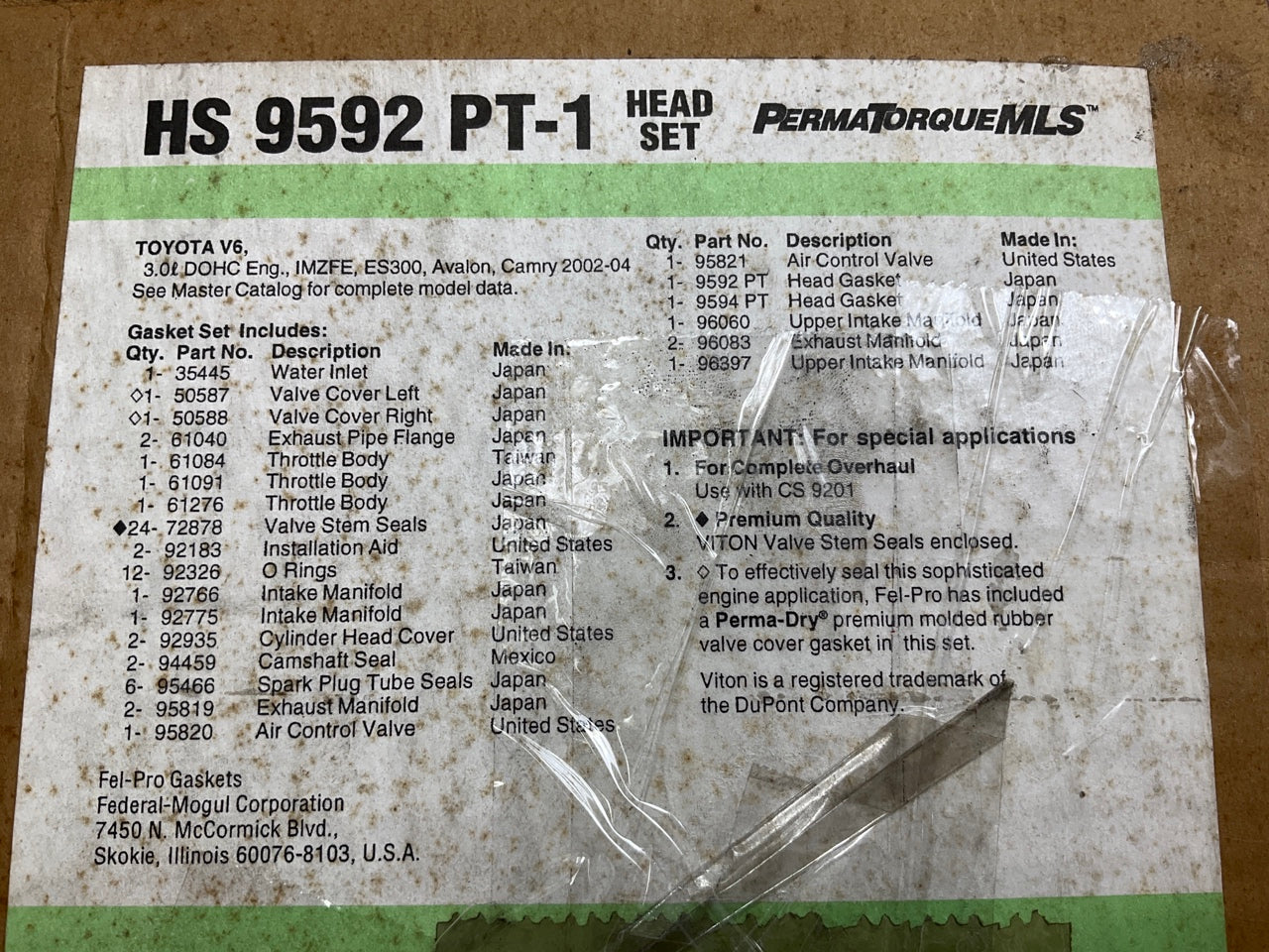 Fel-pro HS9592PT-1 Cylinder Head Gasket Set 2002-06 Toyota 2002-03 Lexus 3.0L V6