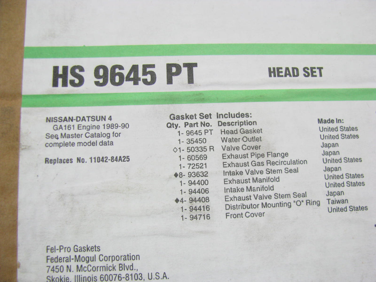 Fel-pro HS9645PT Cylinder Head Gasket Set For 1989-1990 Nissan 1.6L-L4
