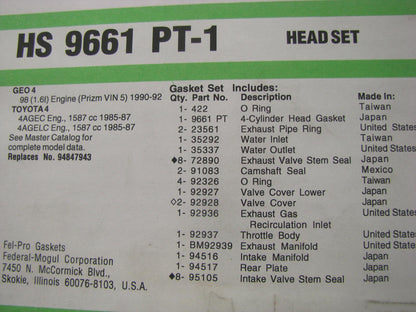FEL-PRO Cylinder Head Gasket Set - 1990-1991 Corolla, 90-92 Prizm 1.6L DOHC 4AGE