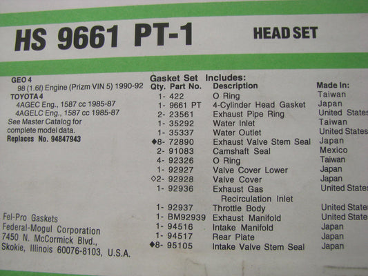 FEL-PRO Cylinder Head Gasket Set - 1990-1991 Corolla, 90-92 Prizm 1.6L DOHC 4AGE