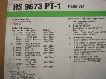Fel-pro HS9673PT1 Cylinder Head Gasket Set For 1998-2000 Chrysler 3.3L-V6