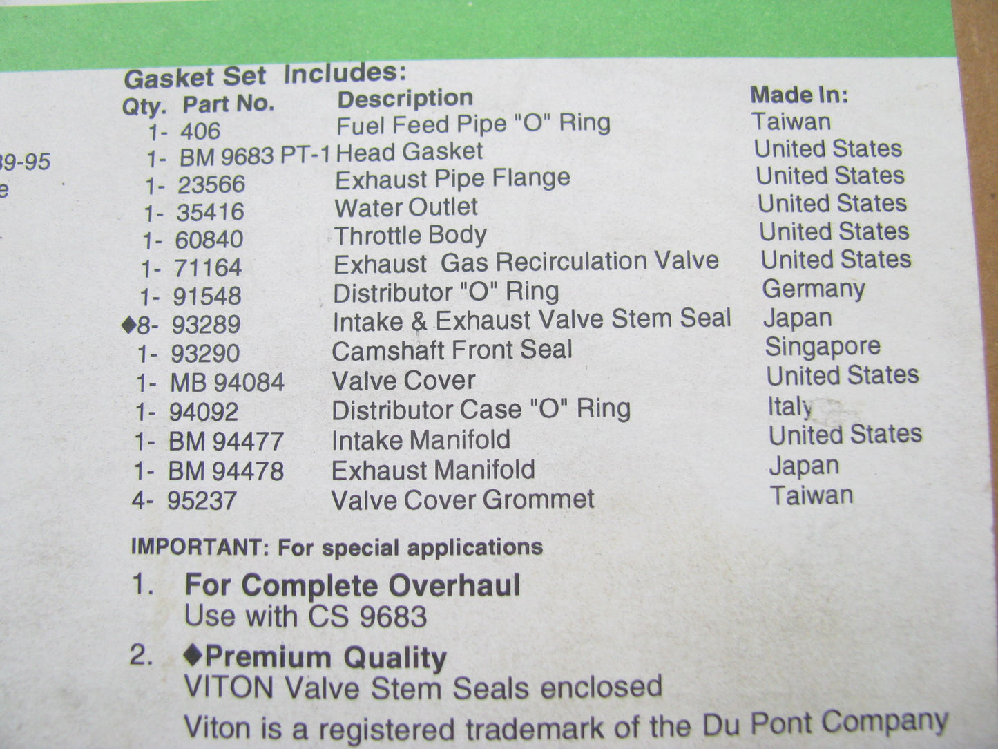 Fel-pro HS9683PT Cylinder Head Gasket Set For 1989-1995 GM Suzuki 1.6L-L4