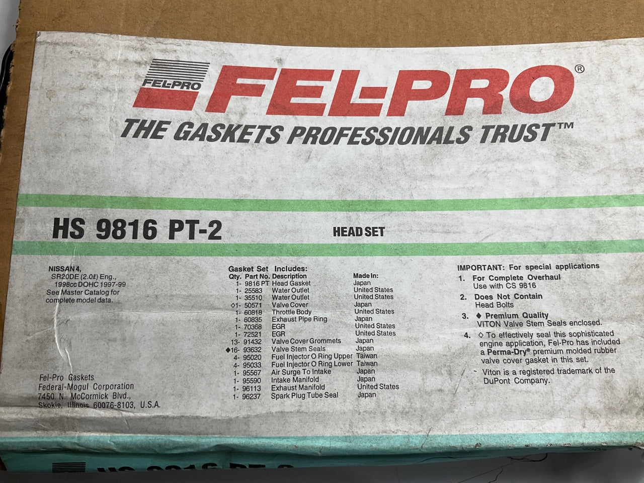 Fel-Pro HS9816PT2 Cylinder Head Gasket Set For 1997-1999 NIssan 2.0L-L4 SR20DE