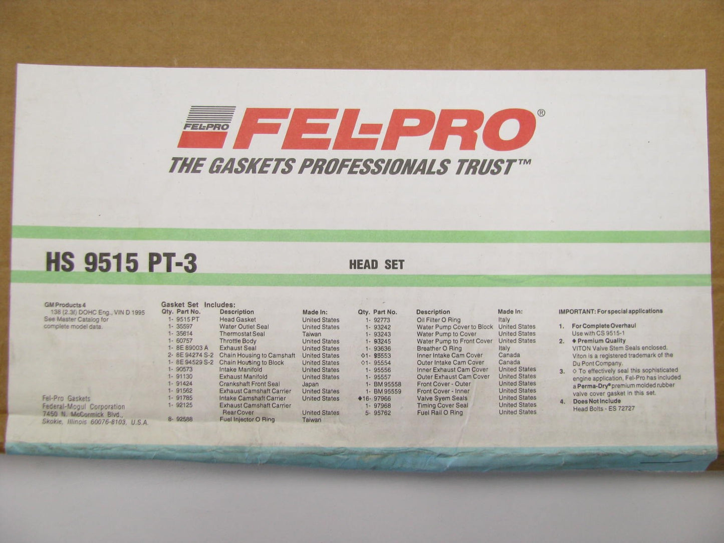 Fel-pro HS9515PT3 Cylinder Head Gasket Set - 1995 GM 2.3L DOHC