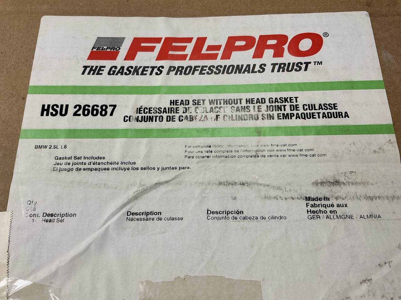 Fel-pro HSU26687 Cylinder Head Gasket Set For 2002-2006 BMW 2.5L-L6