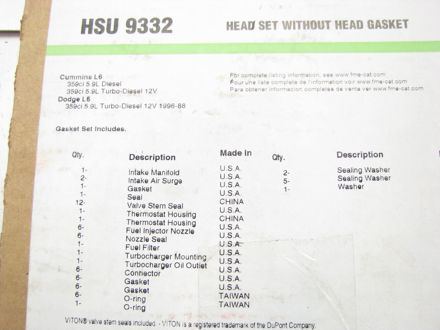 Fel-pro HSU9332 Cylinder Head Gasket Set WO Head Gasket 89-96 Cummins 5.9 DIESEL
