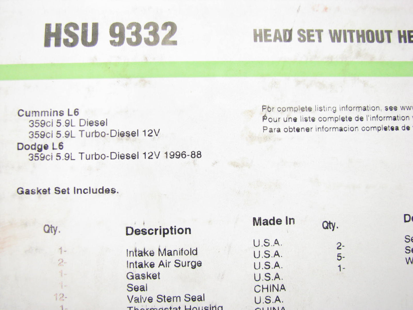 Fel-pro HSU9332 Cylinder Head Gasket Set WO Head Gasket 89-96 Cummins 5.9 DIESEL