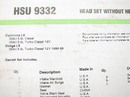 Fel-pro HSU9332 Cylinder Head Gasket Set WO Head Gasket 89-96 Cummins 5.9 DIESEL