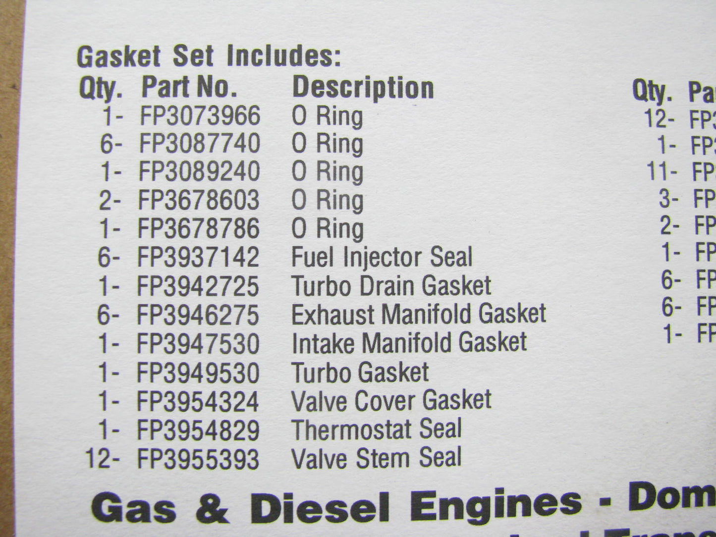 Fel-pro JR3958 Upper Engine Gasket Set For Cummins 5.9L (WITHOUT HEAD GASKET)