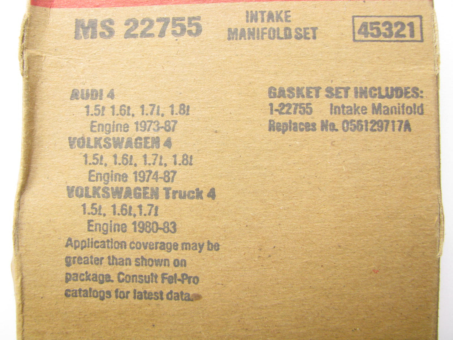 FEL-PRO MS22755 Intake Manifold Gasket - 73-98 VW Audi 1.5L 1.6L 1.7L 1.8L