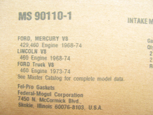 Fel-pro MS90110-1 Engine Intake Manifold Gasket Set For 1968-74 Ford 429 460 V8