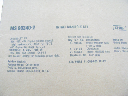 Fel-pro MS90240-2 Engine Intake Manifold Gasket Set - Big Block Chevy Stock Port