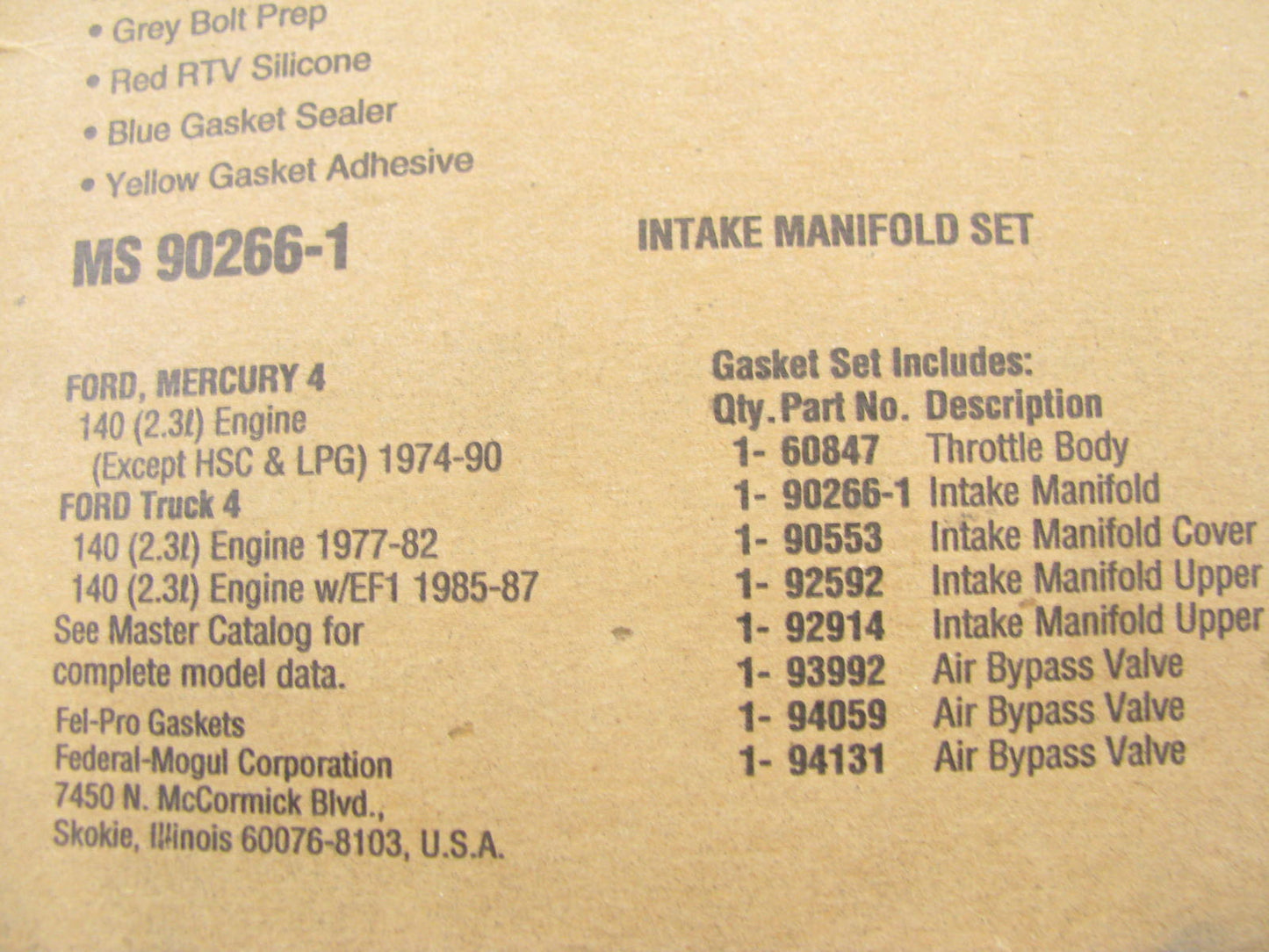 Fel-Pro MS90266-1 Intake Manifold Gasket Set 1974-90 Ford Mercury 2.3L